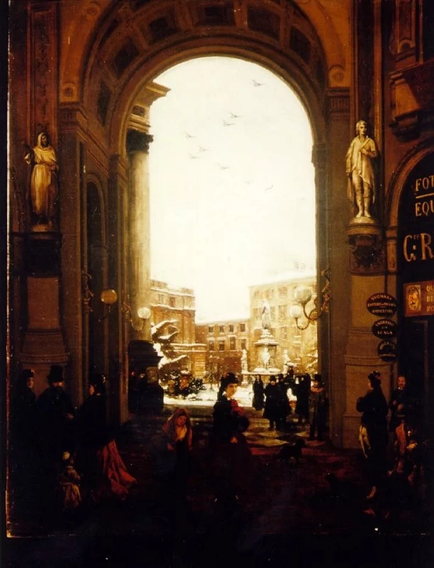 30-veduta di piazza della scala con neve cadente vista dalla galleria